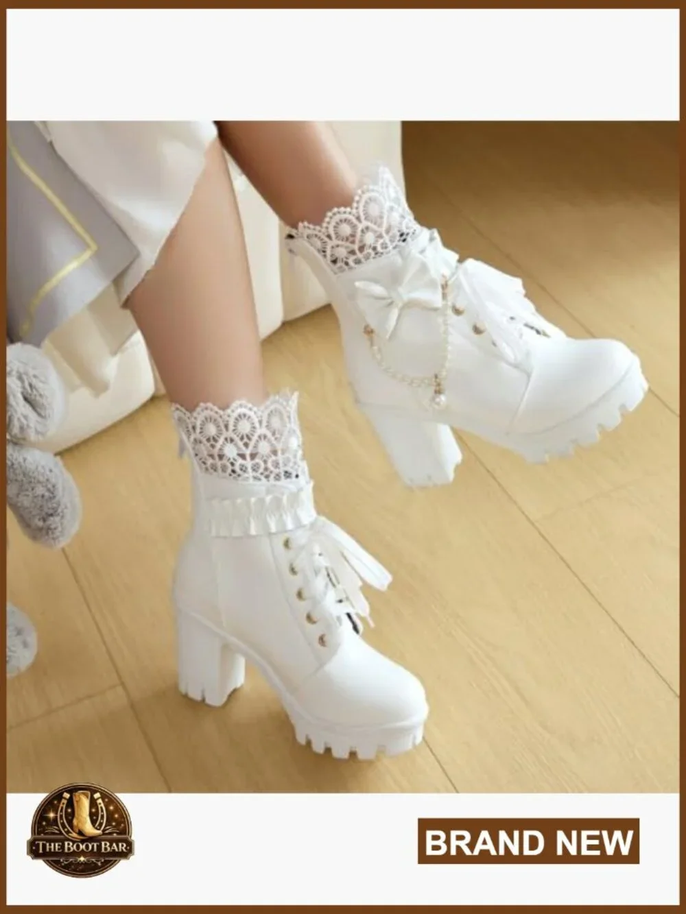 Platform Ankle Boots Chunky Heel Lace Pearl Chain Bow Goth Combat